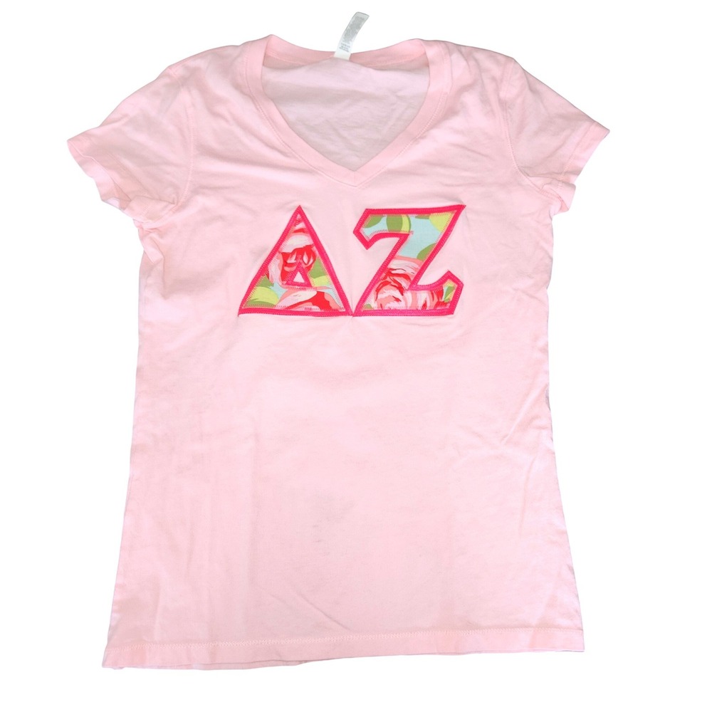 Delta Zeta Sorority V-neck Double Stitched Letter Shirt-Pink-Size‎ S SMALL SPOT